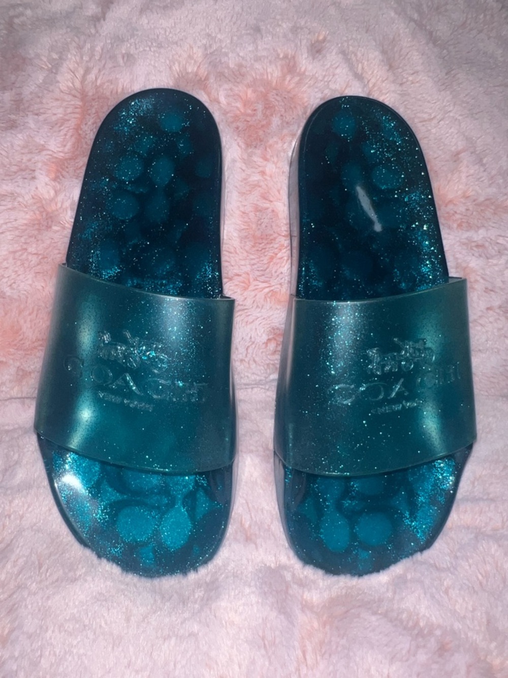 Coach Teal Glitter Jelly Slide Sandals Ulyssa sz 8 Beach Pool Summer